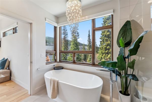 Bathroom, Chandelier, Free Standing Baths, Interior, Pendant Lights, Wood Texture Flooring