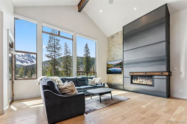 Fireplace, Interior, Living room, Recessed Lighting, Wooden Beams, Wood Texture Flooring