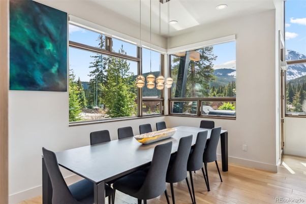 Dining room, Interior, Pendant Lights, Recessed Lighting, Wood Texture Flooring