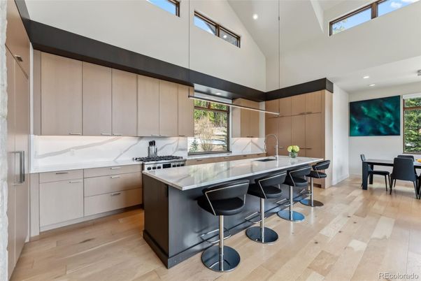 Dining room, Interior, Kitchen, Recessed Lighting, Stainless Steel Appliances, Wood Texture Flooring
