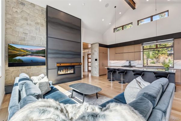 Fireplace, Interior, Kitchen, Living room, Pendant Lights, Recessed Lighting, Stone Walls, Wooden Beams, Wood Texture Flooring