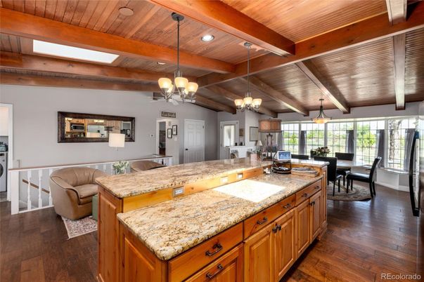 Chandelier, Dining room, Interior, Kitchen, Recessed Lighting, Wooden Beams, Wooden Ceilings, Wood Texture Flooring
