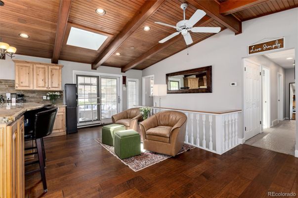 Interior, Kitchen, Living room, Recessed Lighting, Wooden Beams, Wooden Ceilings, Wood Texture Flooring