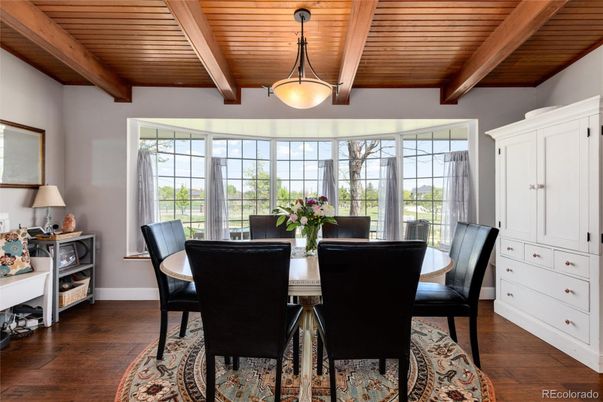 Dining room, Interior, Pendant Lights, Wooden Beams, Wooden Ceilings, Wood Texture Flooring