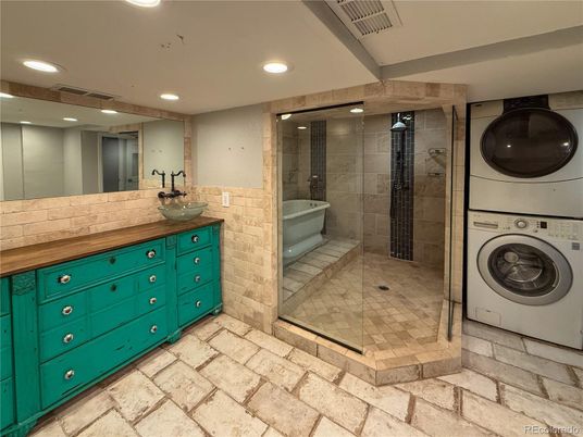 Bathroom, Glass Shower, Interior, Recessed Lighting, Washer