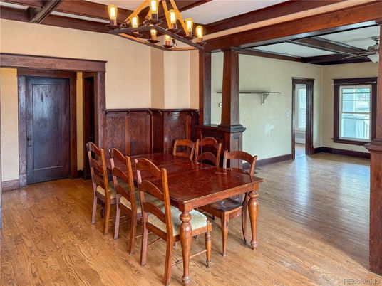 Chandelier, Dining room, Interior, Wooden Beams, Wood Texture Flooring