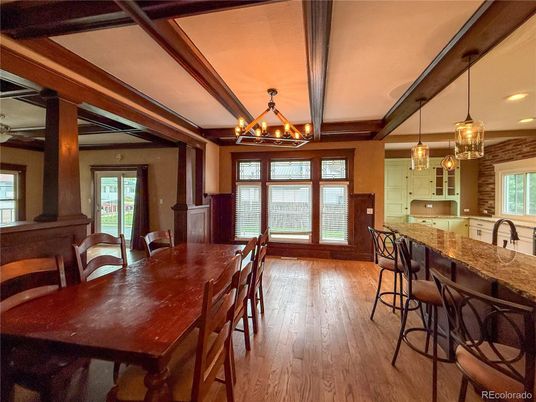 Chandelier, Dining room, Interior, Kitchen, Pendant Lights, Recessed Lighting, Wood Texture Flooring