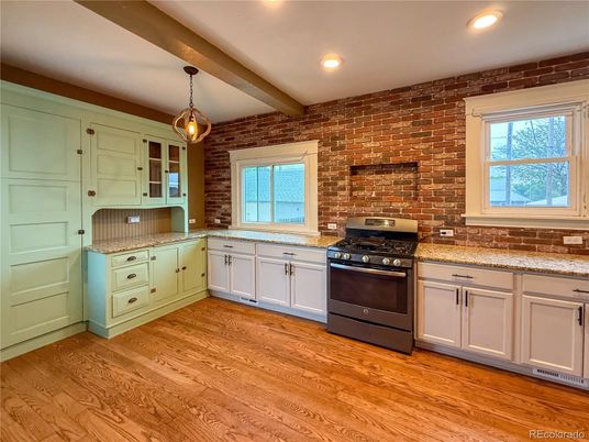 Interior, Kitchen, Pendant Lights, Recessed Lighting, Stainless Steel Appliances, Stone Walls, Wooden Beams, Wood Texture Flooring