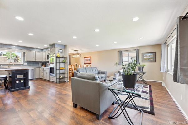 Interior, Kitchen, Living room, Pendant Lights, Recessed Lighting, Wood Texture Flooring