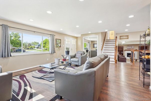 Fireplace, Interior, Living room, Recessed Lighting, Wood Texture Flooring