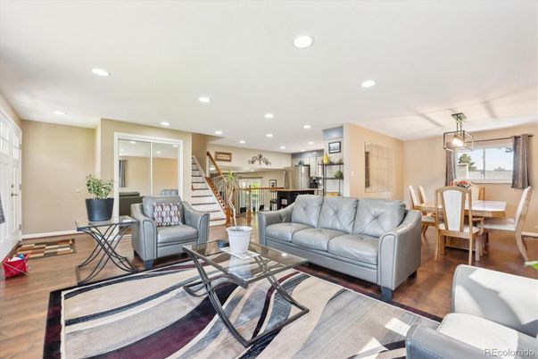 Dining room, Interior, Kitchen, Living room, Pendant Lights, Recessed Lighting, Stainless Steel Appliances, Wood Texture Flooring