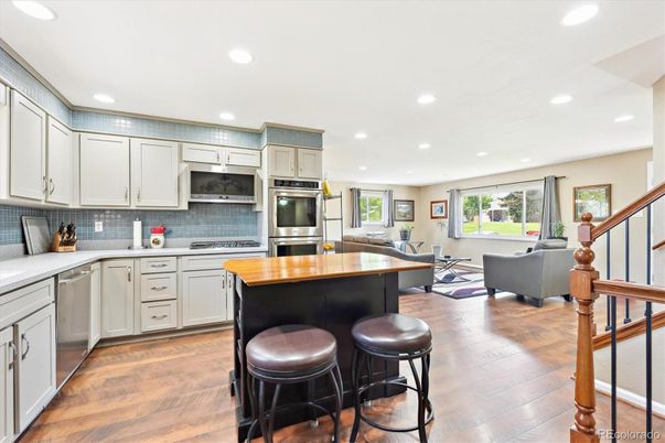 Interior, Kitchen, Living room, Recessed Lighting, Stainless Steel Appliances, Wood Texture Flooring