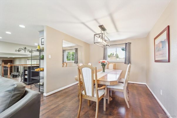 Dining room, Interior, Pendant Lights, Recessed Lighting, Wood Texture Flooring