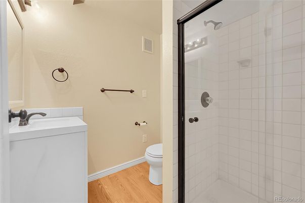 Bathroom, Glass Shower, Interior, Wood Texture Flooring