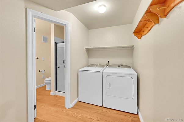 Bathroom, Interior, Utility Closets, Washer, Wood Texture Flooring