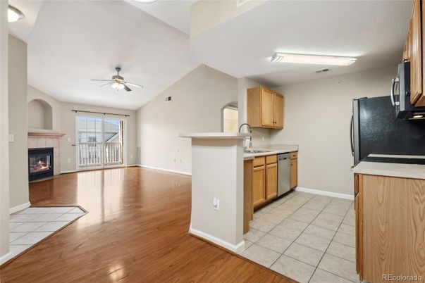 Empty room, Fireplace, Interior, Kitchen, Wood Texture Flooring