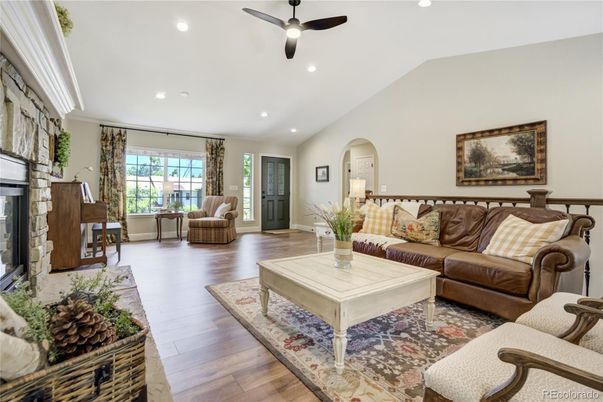 Fireplace, Interior, Living room, Recessed Lighting, Wood Texture Flooring