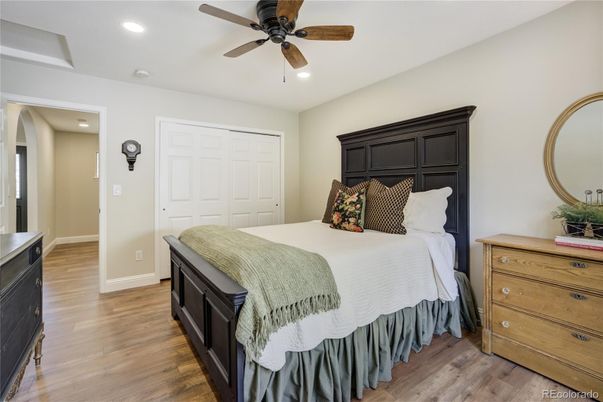 Bedroom, Interior, Recessed Lighting, Wood Texture Flooring