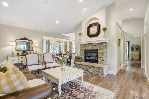 Chandelier, Dining room, Fireplace, Interior, Living room, Recessed Lighting, Wood Texture Flooring