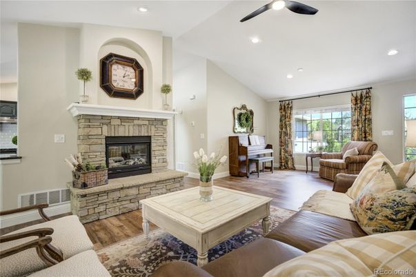 Fireplace, Interior, Living room, Piano, Recessed Lighting, Wood Texture Flooring