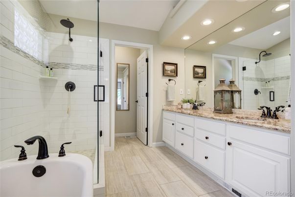 Bathroom, Dual Sink Vanities, Glass Shower, Interior, Recessed Lighting