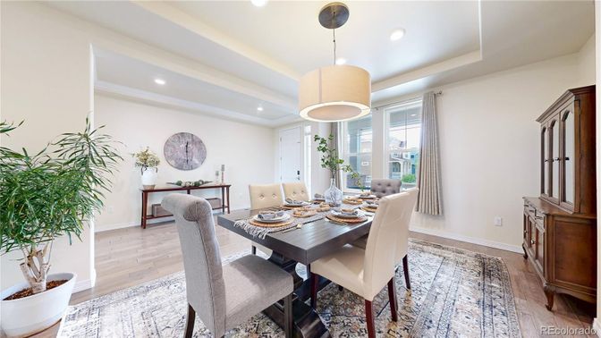 Dining room, Interior, Pendant Lights, Recessed Lighting, Wood Texture Flooring