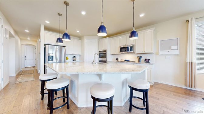 Interior, Kitchen, Pendant Lights, Recessed Lighting, Stainless Steel Appliances, Wood Texture Flooring