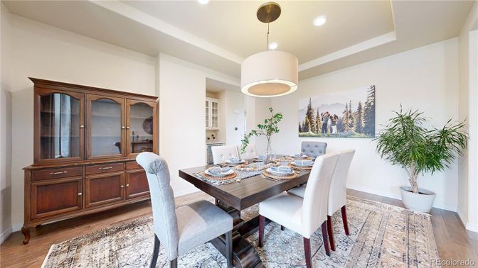 Dining room, Interior, Pendant Lights, Recessed Lighting, Wood Texture Flooring