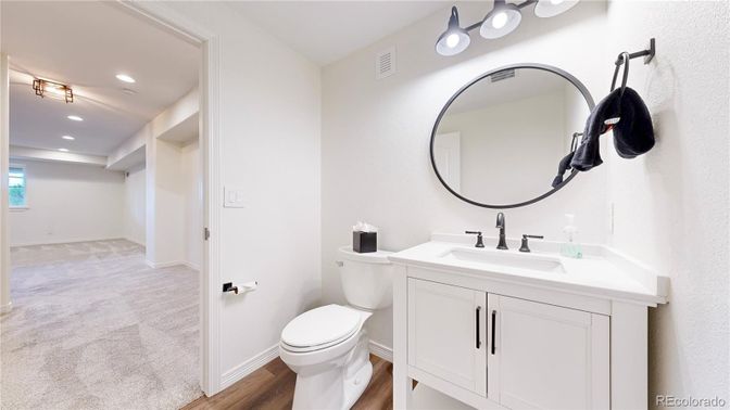 Bathroom, Interior, Recessed Lighting, Wood Texture Flooring