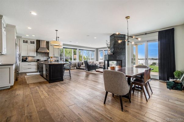 Dining room, Fireplace, Interior, Kitchen, Living room, Pendant Lights, Recessed Lighting, Wood Texture Flooring