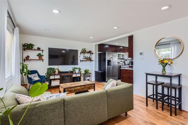 Interior, Kitchen, Living room, Recessed Lighting, Stainless Steel Appliances, Wood Texture Flooring