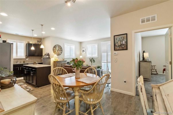 Dining room, Interior, Kitchen, Pendant Lights, Recessed Lighting, Wood Texture Flooring