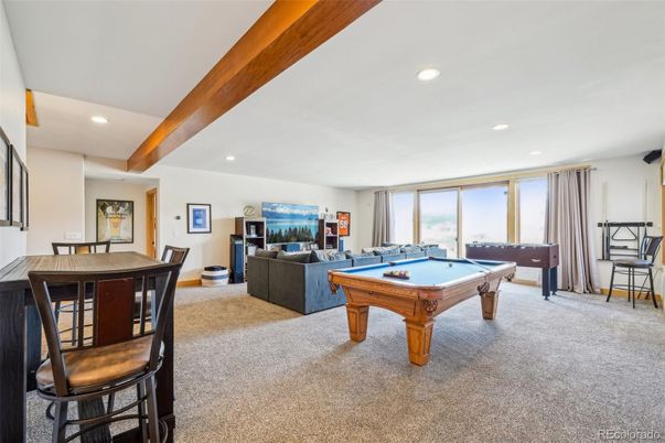 Billiard Table, Game Room, Interior, Living room, Recessed Lighting, Wooden Beams