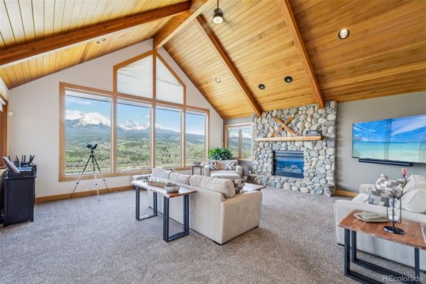 Fireplace, Interior, Living room, Recessed Lighting, Stone Walls, Wooden Beams, Wooden Ceilings