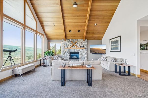 Fireplace, Interior, Living room, Recessed Lighting, Stone Walls, Wooden Beams, Wooden Ceilings