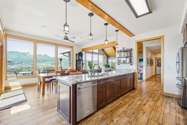 Dining room, Interior, Kitchen, Pendant Lights, Recessed Lighting, Wooden Beams, Wood Texture Flooring
