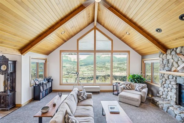 Fireplace, Interior, Living room, Recessed Lighting, Stone Walls, Wooden Beams, Wooden Ceilings