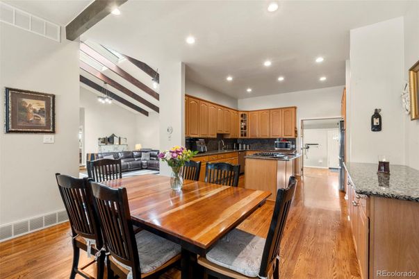 Dining room, Interior, Kitchen, Recessed Lighting, Wooden Beams, Wood Texture Flooring