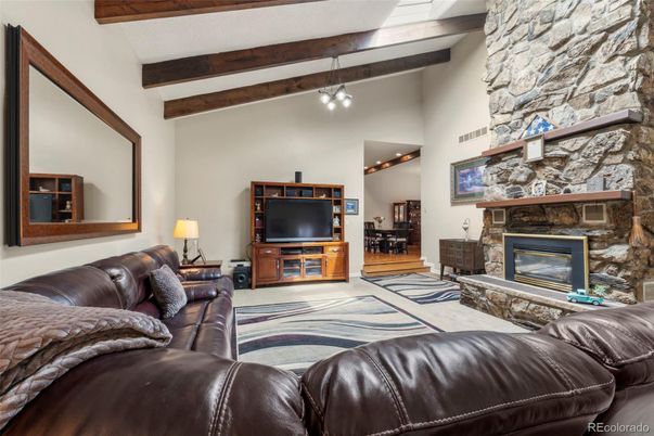 Fireplace, Interior, Living room, Stone Walls, Wooden Beams