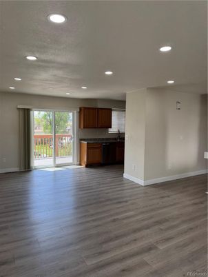 Empty room, Interior, Kitchen, Recessed Lighting, Wood Texture Flooring