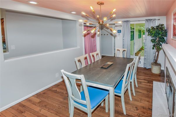 Dining room, Interior, Pendant Lights, Recessed Lighting, Wood Texture Flooring