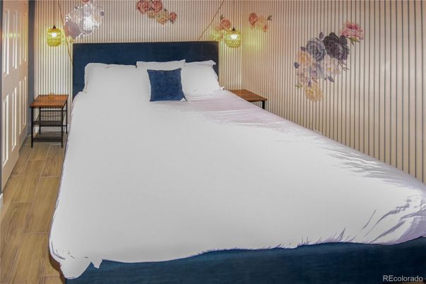 Bedroom, Interior, Pendant Lights, Wood Texture Flooring