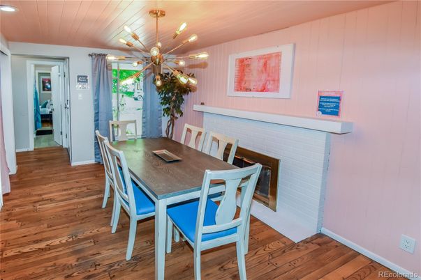 Dining room, Fireplace, Interior, Wood Texture Flooring