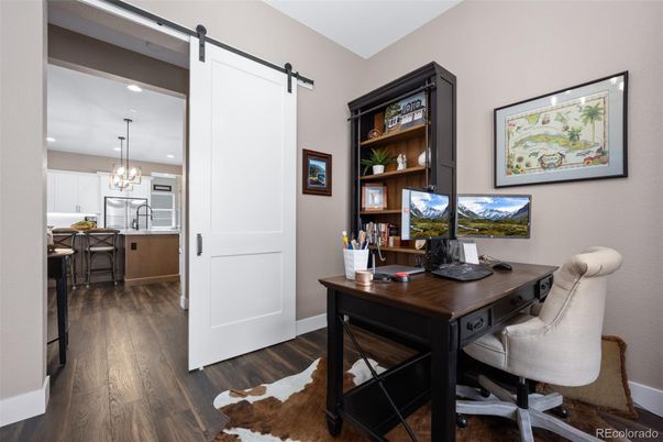 Chandelier, Home Office, Interior, Pendant Lights, Recessed Lighting, Wood Texture Flooring