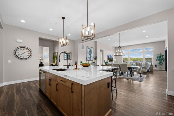 Chandelier, Dining room, Interior, Kitchen, Pendant Lights, Recessed Lighting, Wood Texture Flooring