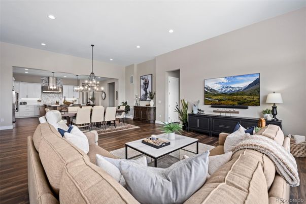 Chandelier, Dining room, Interior, Kitchen, Living room, Pendant Lights, Recessed Lighting, Wood Texture Flooring