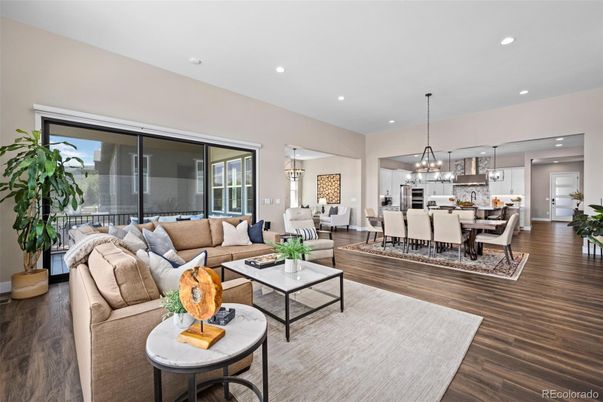 Chandelier, Dining room, Interior, Kitchen, Living room, Pendant Lights, Recessed Lighting, Wood Texture Flooring