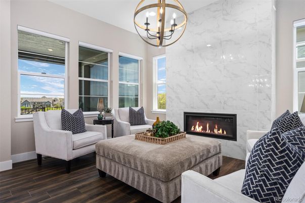 Fireplace, Interior, Living room, Marble Walls, Pendant Lights, Wood Texture Flooring