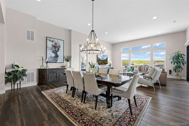 Chandelier, Dining room, Interior, Living room, Recessed Lighting, Wood Texture Flooring