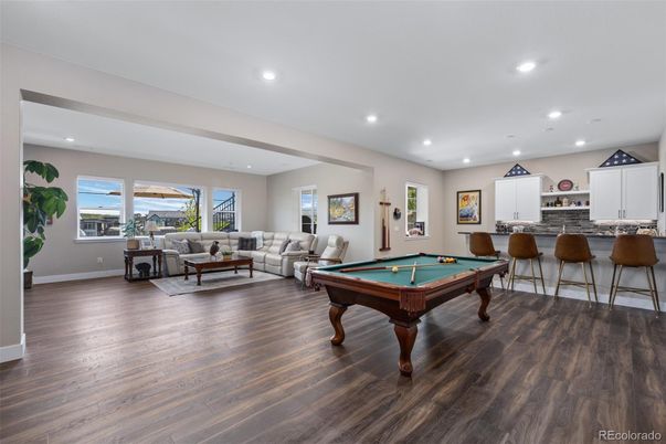 Billiard Table, Game Room, Interior, Living room, Recessed Lighting, Wood Texture Flooring